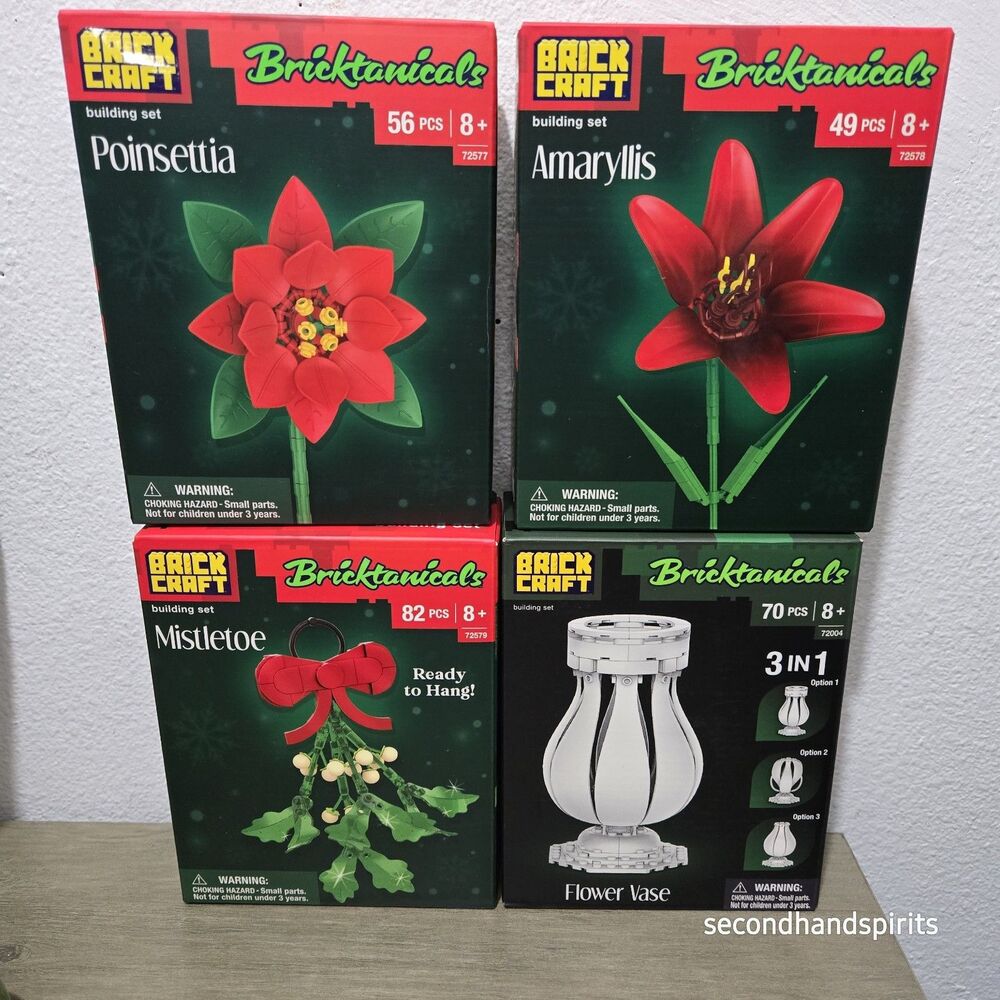 Bricktanicals WHITE Flower Vase Brickcraft & POINSETTIA, MISTLETOE,AMARYLLIS 4PC